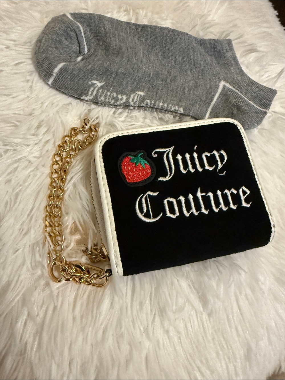 Juicy Couture Black Velvet Strawberry Wallet and Socks Bundle NWOT